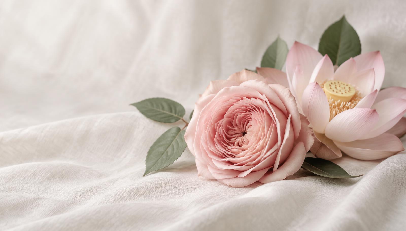 A blush garden rose and a pale lotus resting on linen