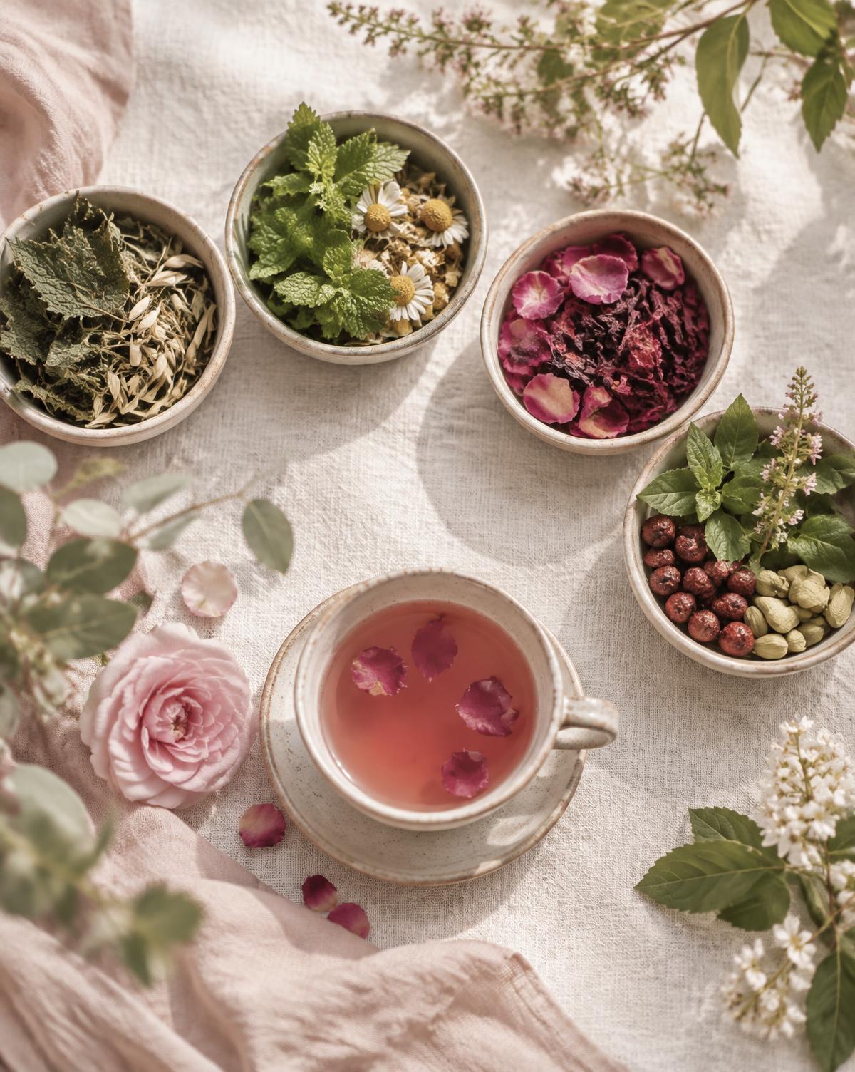 Bowls of herbs for each inner season around a cup of rose tea